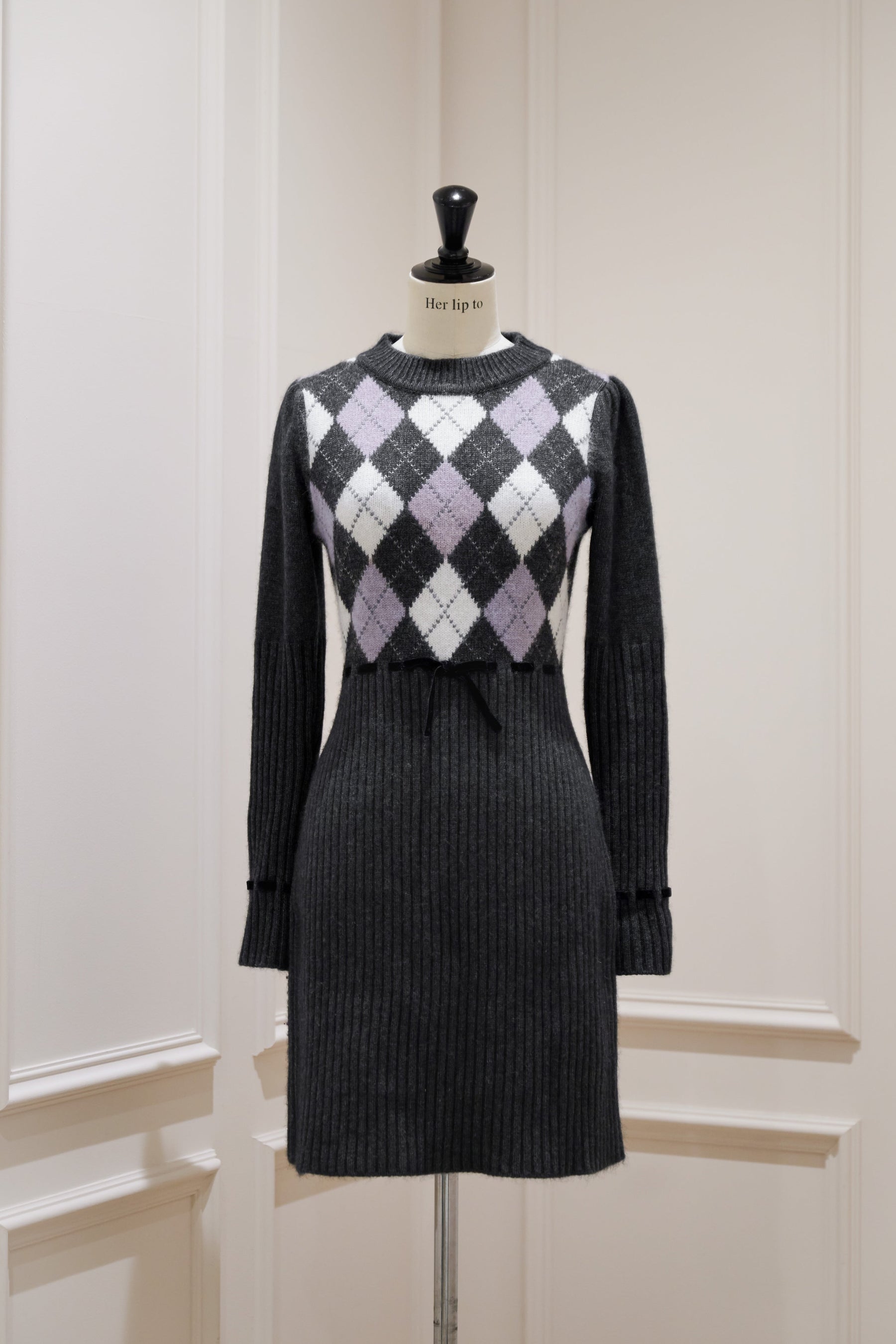 New Color]Moor Argyle Ribbon Knit Dress