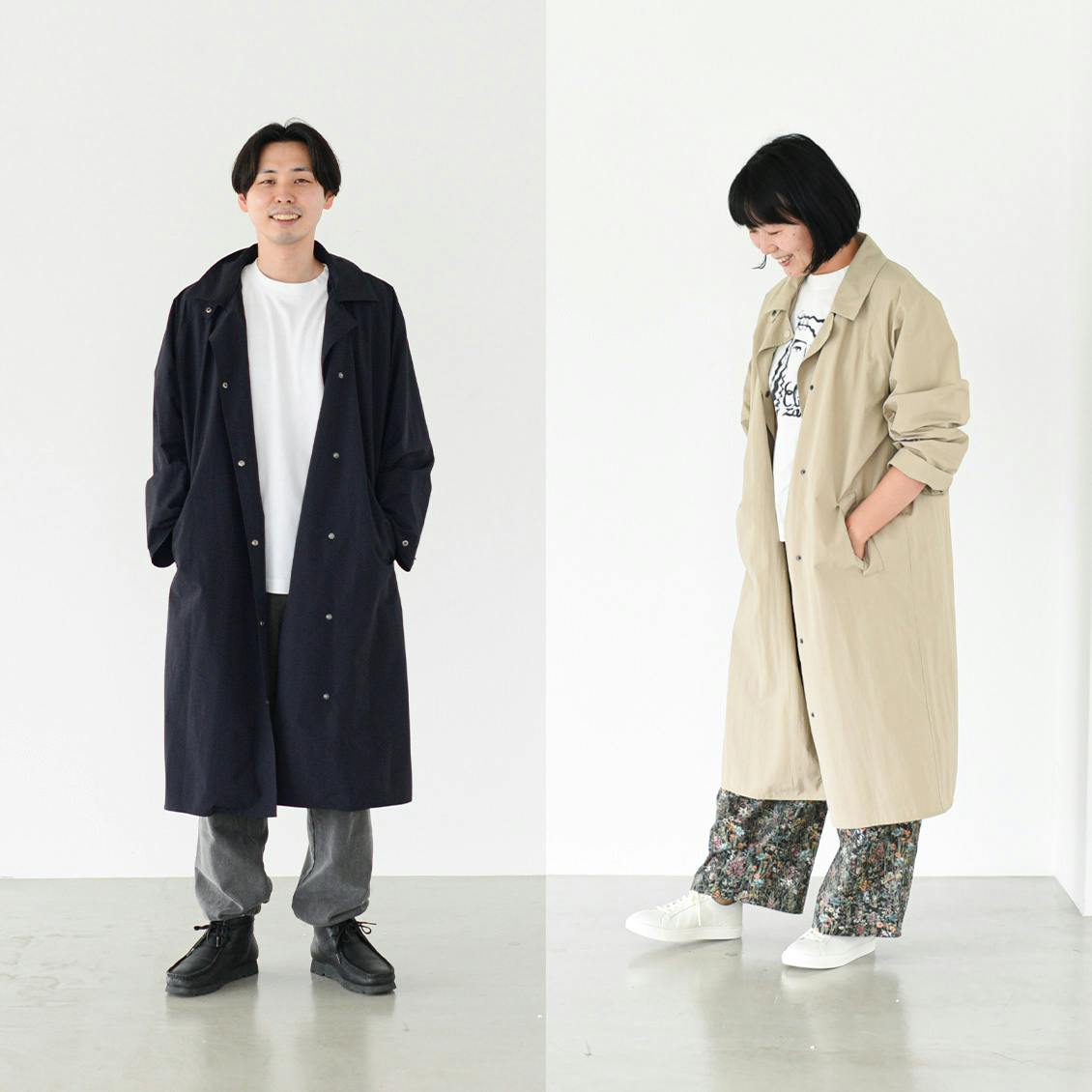 着用レビュー】当店オリジナルのレインコートを、男女3名のスタッフが