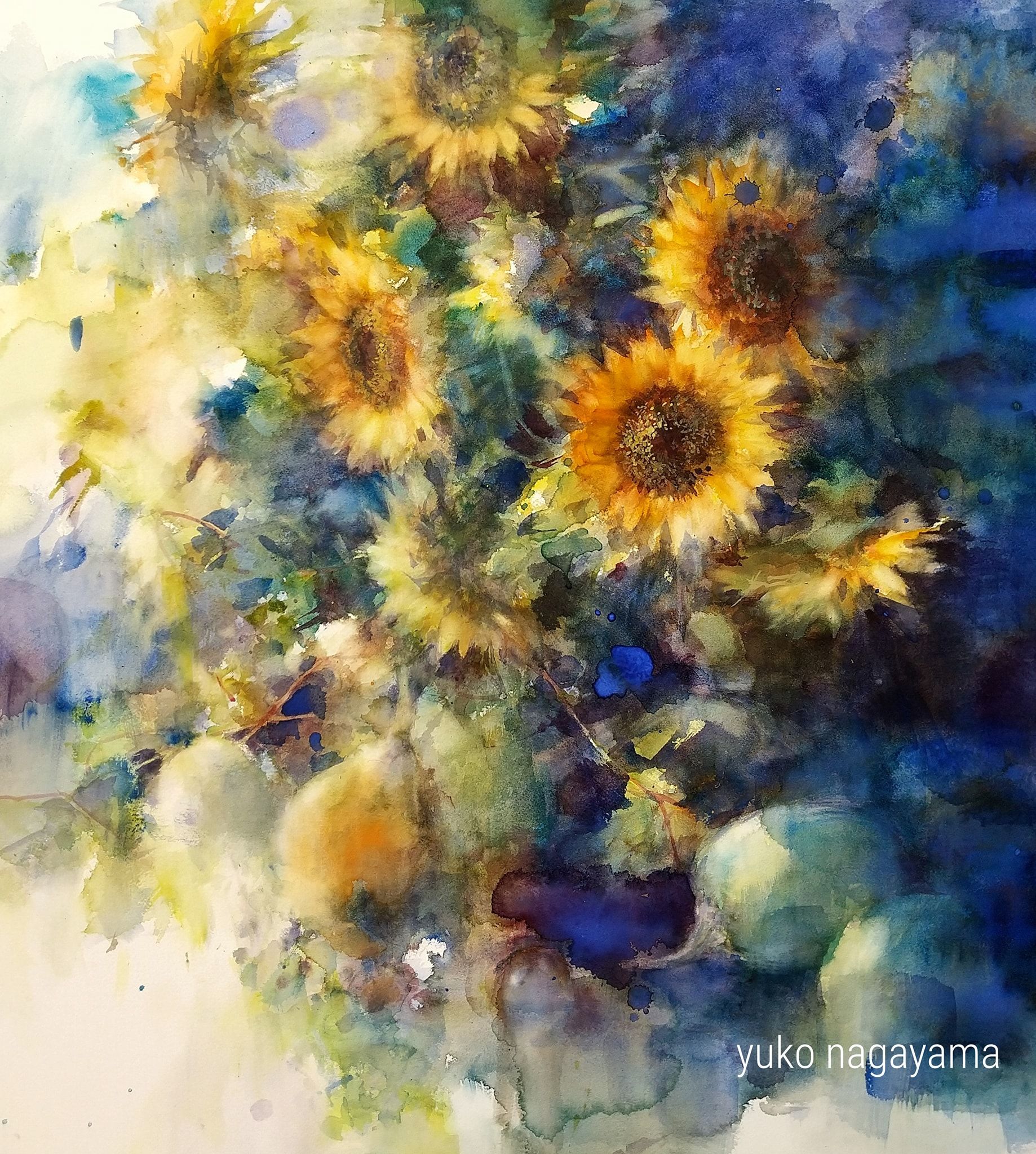 昭和レトロ 八千代作 水彩画 向日葵 ひまわり 自然 風景画 山 額入り