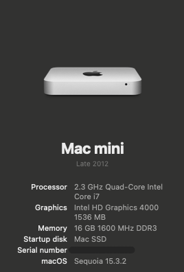 2012 Mac Mini i7 6,2 Sequoia 15.3.2 Success : r/OpenCoreLegacyPatcher