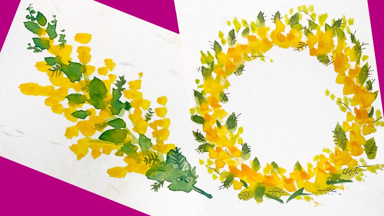 絵手紙妙華】簡単：春の絵手紙『ミモザの花のリース』の描き方（女性