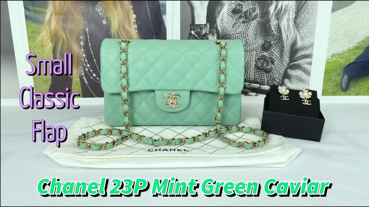 Chanel 23P Mint Green Caviar Small Classic Flap with Champagne