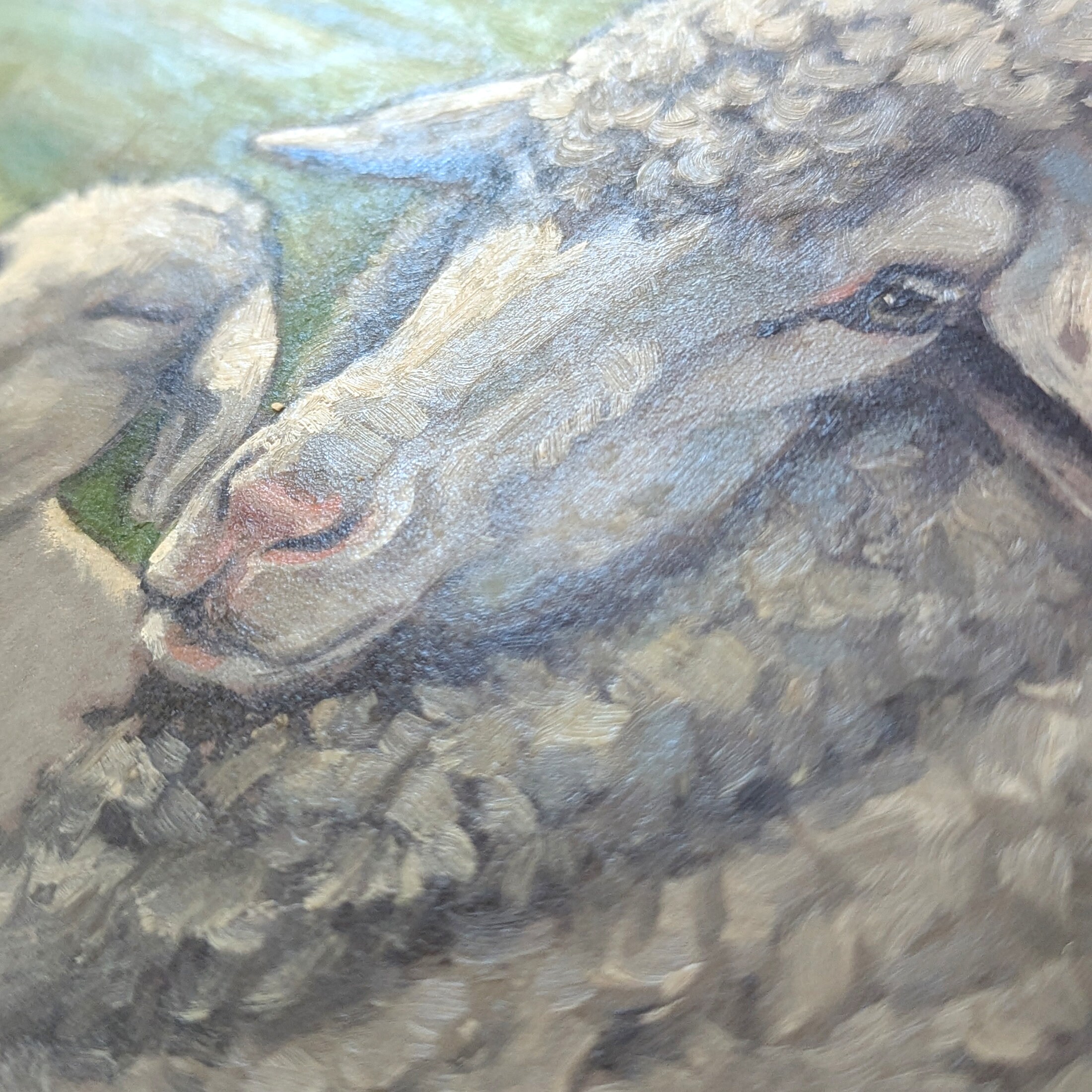 ヴィンテージの羊と子羊の油絵：田園風農家の壁アート、素朴な動物の