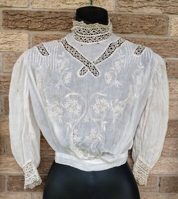Antique Old Vintage Edwardian Victorian Ivory Lace Blouse Shirt