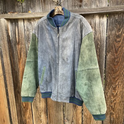 🕶️🛹 Vintage 90s green and blue suede patchwork bomber jacket