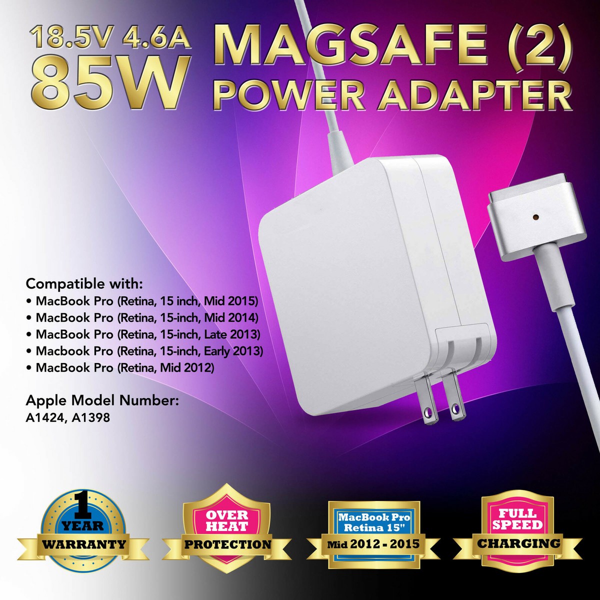 85W Power Adapter Charger for Apple MacBook Pro Retina 15