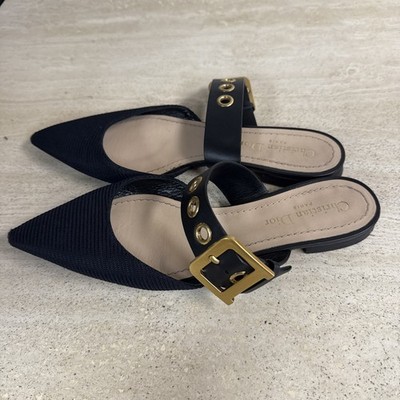 CHRISTIAN DIOR D-Dior Black Canvas Leather Pointed Toe Gold Flat