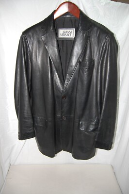 XL 🔥 GIANNI VERSACE MEN Black Tall TRENCH Leather Coat Jacket