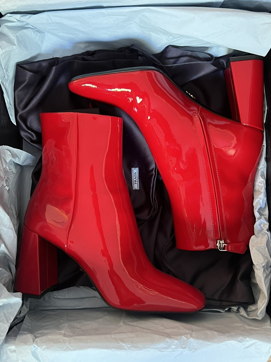 Prada Red Patent Leather Block Heel Ankle Women Boots 37 | eBay