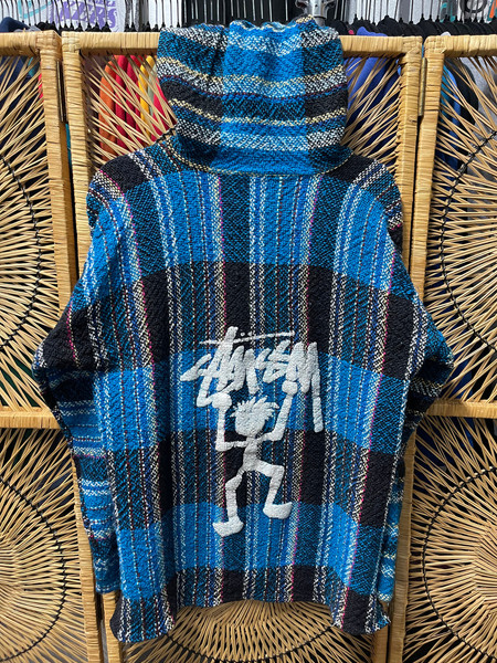 Vtg 90s Stussy Mexican Baja Poncho Pullover Blanket Drug Rug