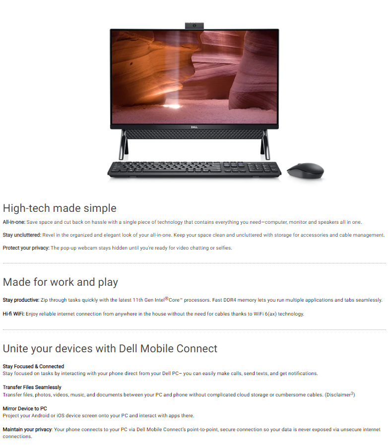 Dell Inspiron 5400 AIO DT i3-1115G4 | 23.8in FHD Non-Touch | 1TB