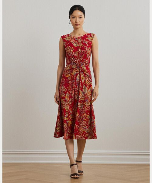 セール】 フローラル ツイストフロント ストレッチ ジャージー ドレス