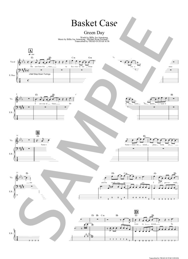 楽譜】Basket Case / ベーススコア TAB譜 / GREEN DAY (エレキベース