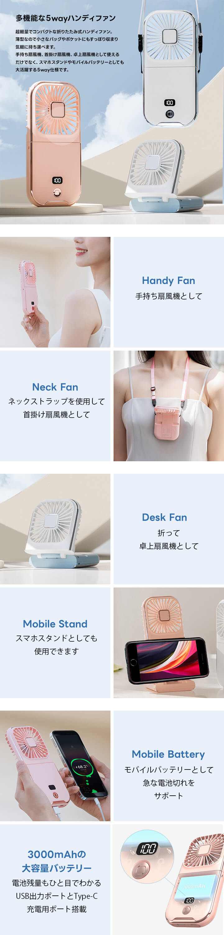 楽天市場】ハンディファン 首掛け 扇風機 小型扇風機 コンパクト