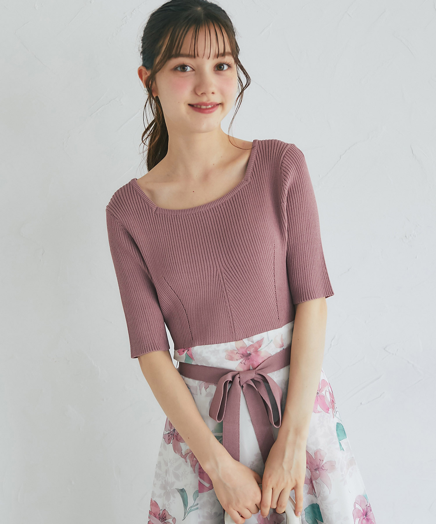 ウエストりぼん付きリブニット×フラワープリントドッキングワンピース