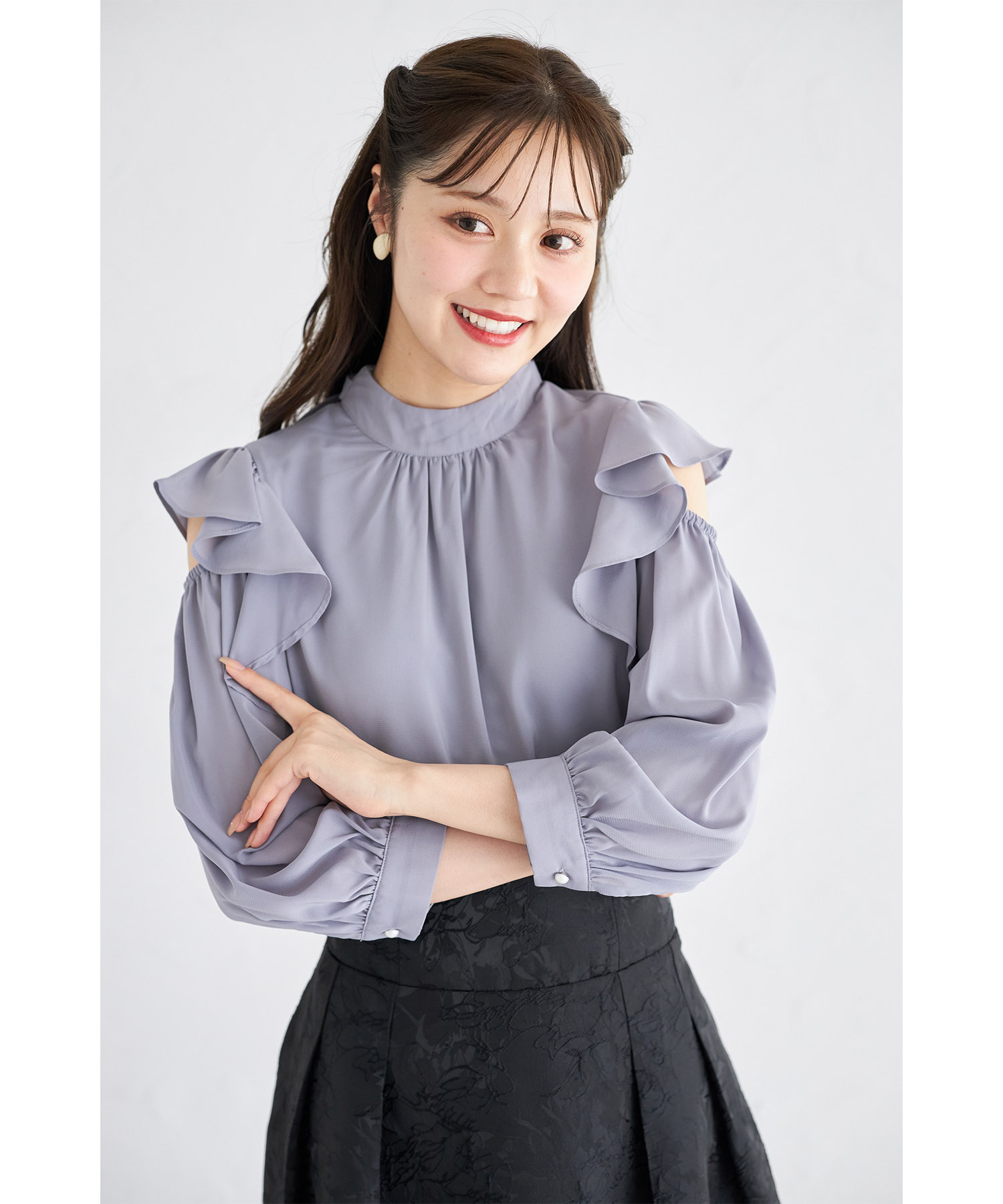 2WAYボウタイリボン付きオープンショルダーラッフルフリルブラウス
