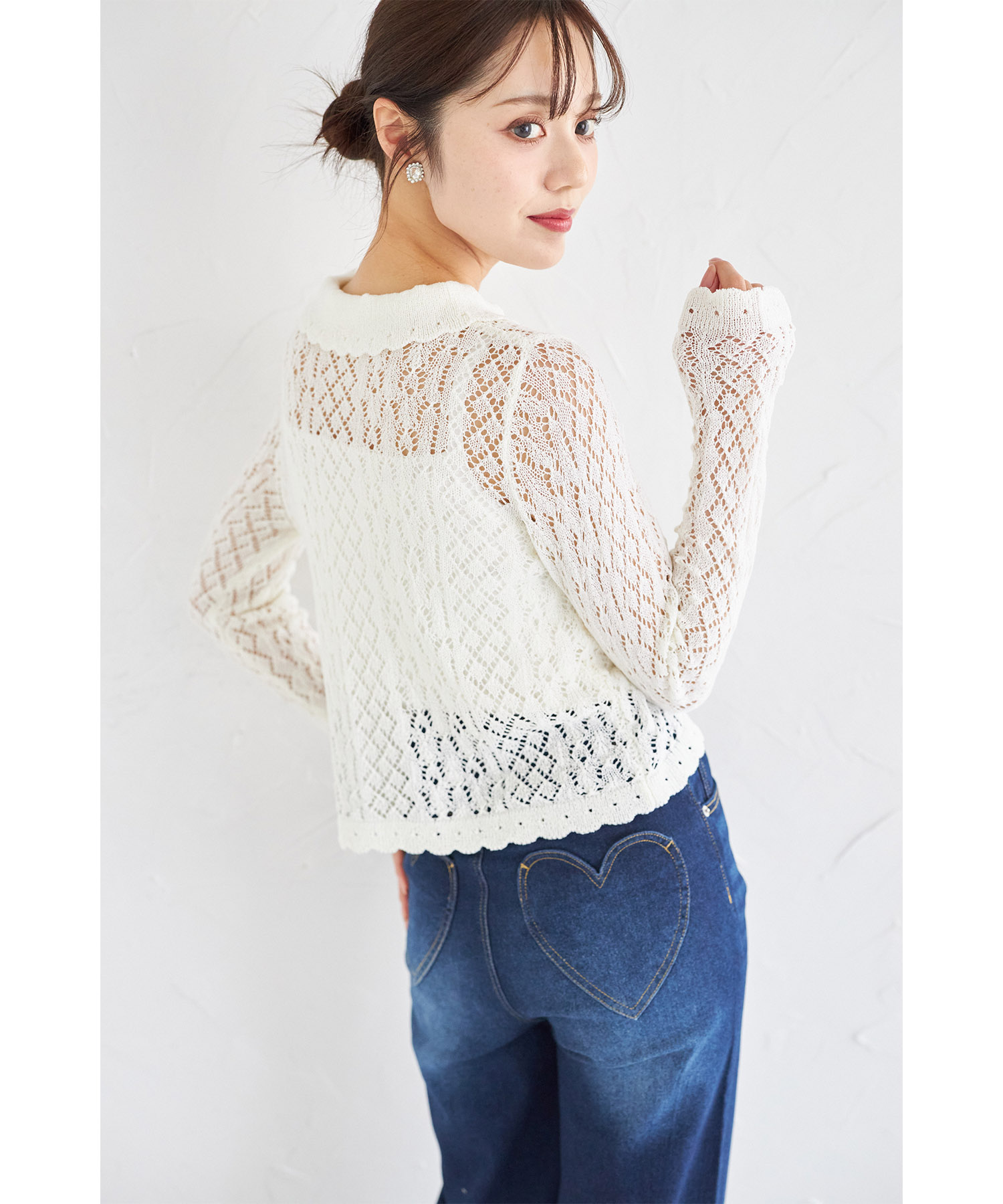 襟付きカギ編みスカラップニットカーディガン