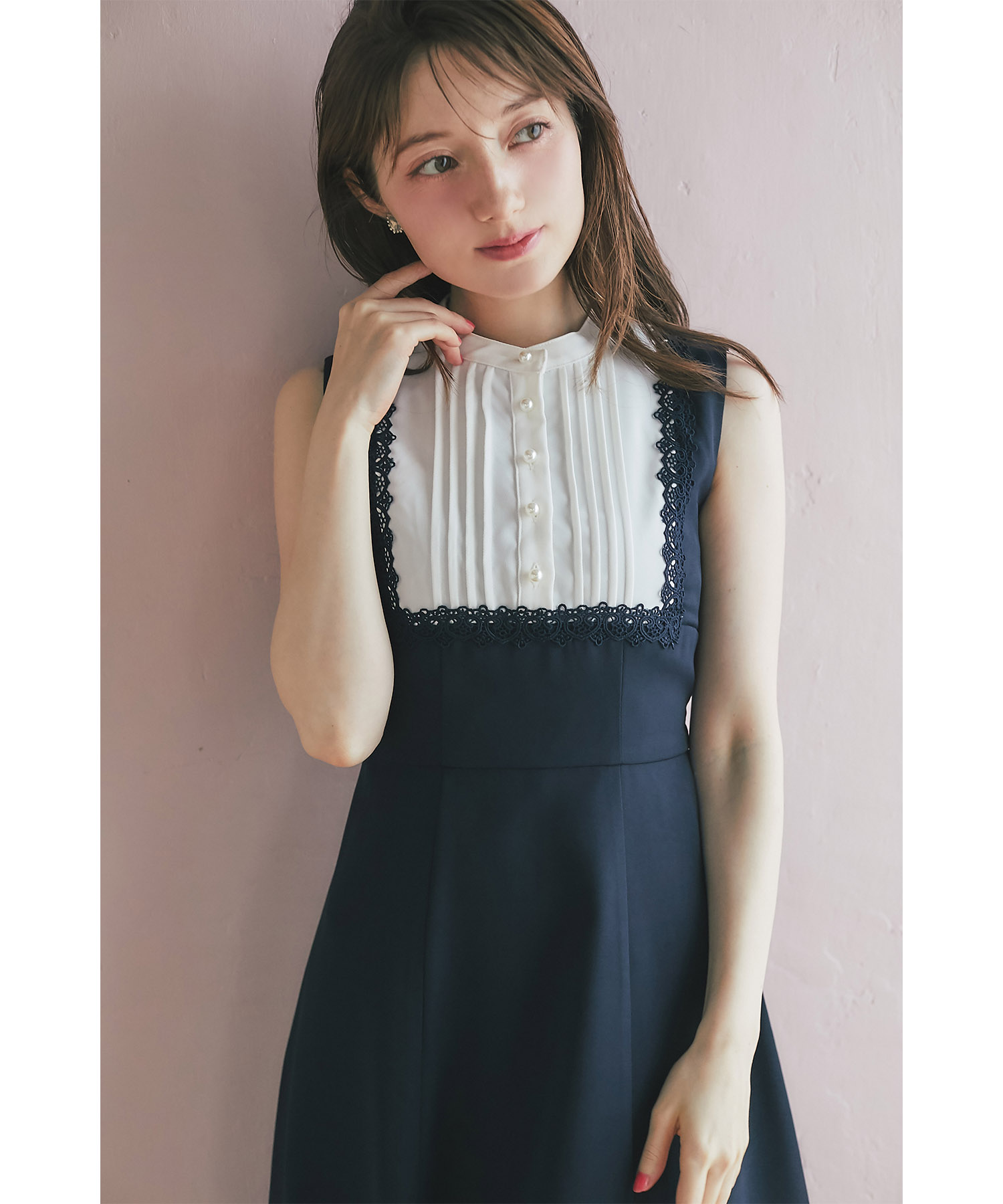 ヨークレース切替バックレースアップ配色ワンピース