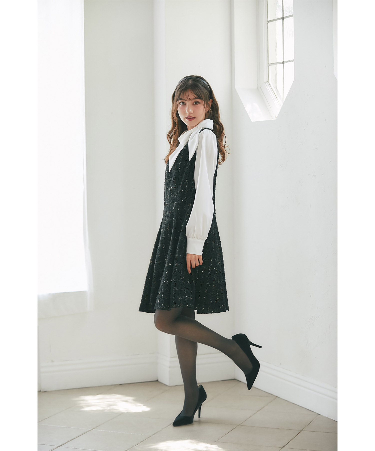 サイドリボン付きツイードドッキングミニワンピース