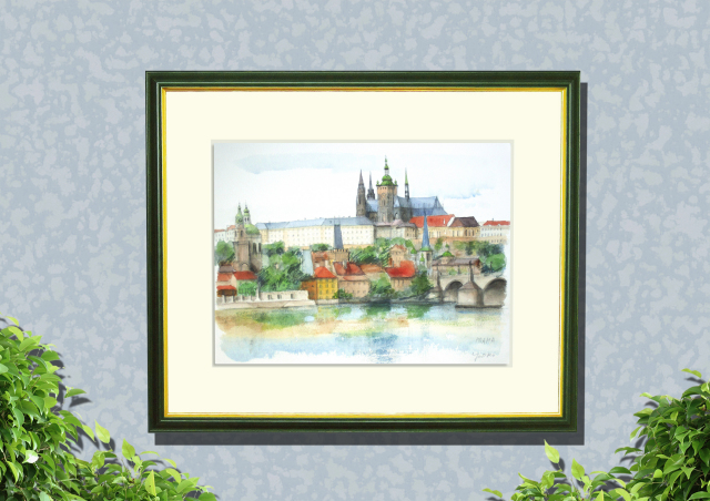 ヨーロッパ風景画「PRAHA（プラハ）」水彩画（絵寸252×332・額寸