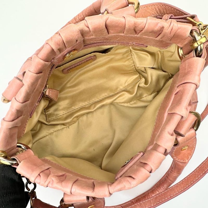 ミュウミュウ 2wayショルダー ギャザー ピンクレザー ハンドバッグ