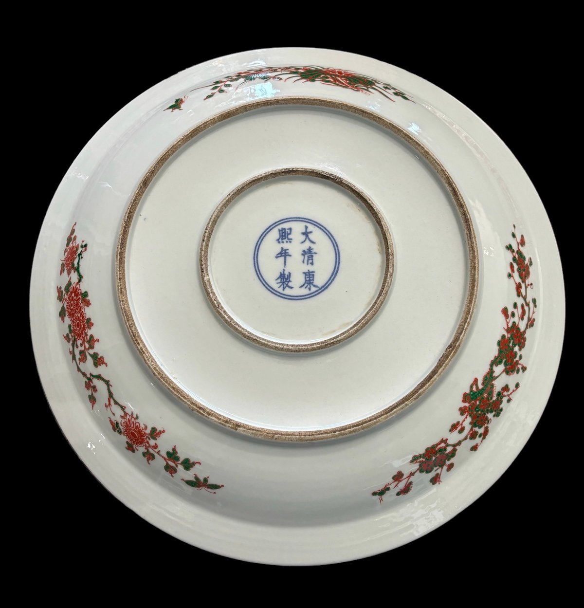 大清康熙年製 赤絵【風景・梅・松】大皿 丸皿 中国美術 盛り皿 飾り皿