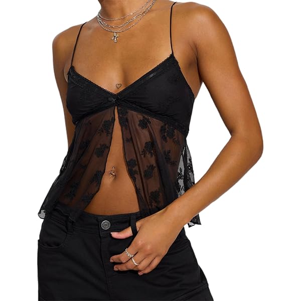 Women Split Front Lace Cami Tops Mesh Floral Print Spaghetti Strap