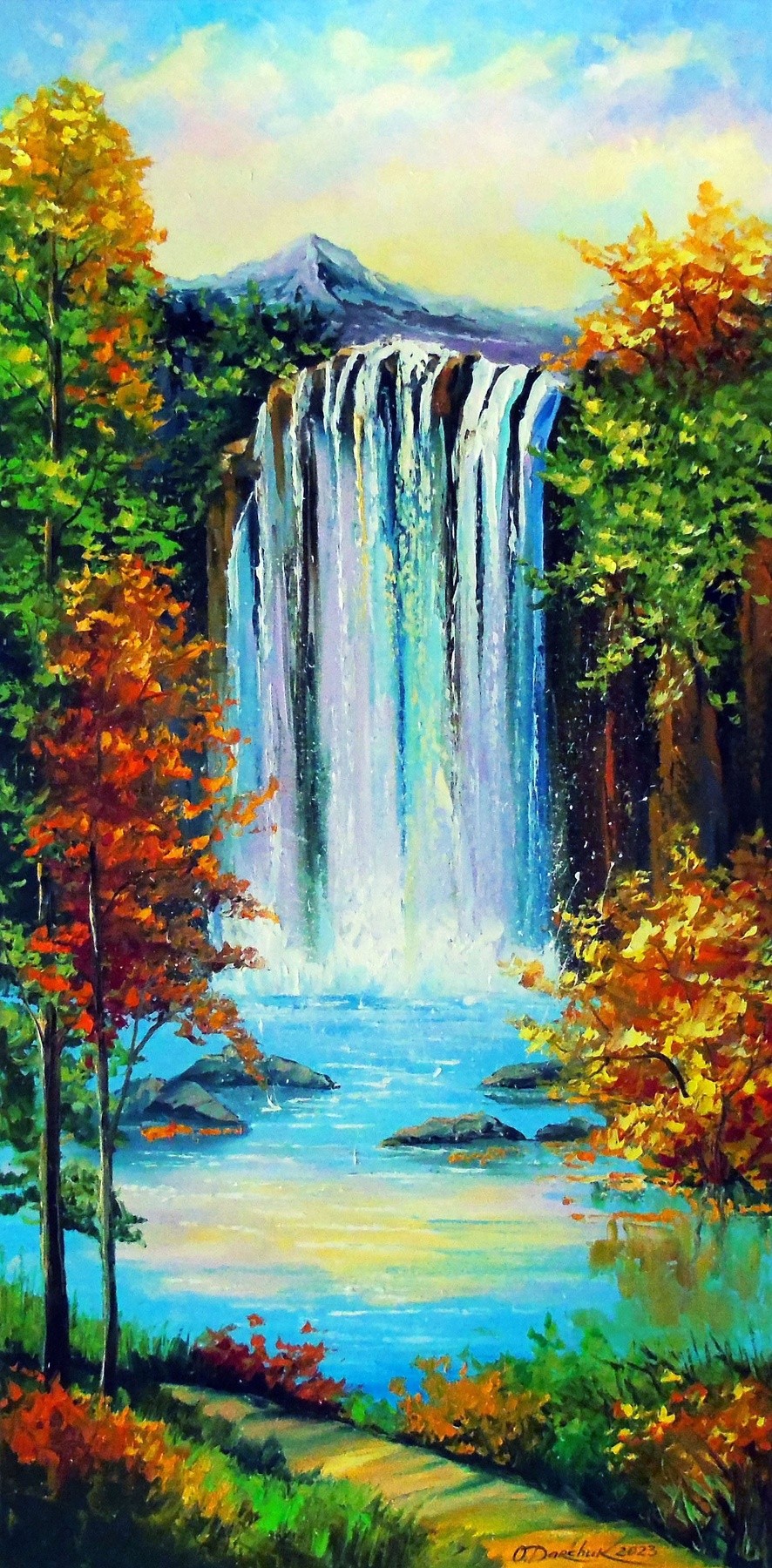 Mountain waterfall by the lake by OLHA Darchuk | ArtWanted.com