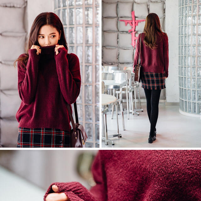 タートルネックニット×チェックスカートセットの通販 by かえ｜ラクマ