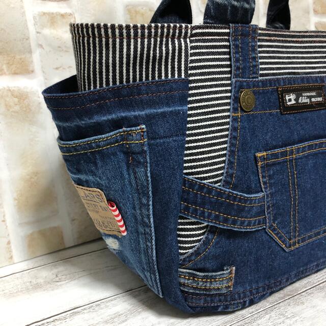 デニムリメイク、ちょっと大き目、サロペットサイドポケットトート