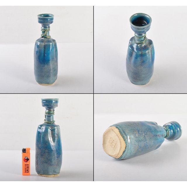 人間国宝加藤卓男作青釉鶴首花生花瓶 一輪挿し共箱LR5428