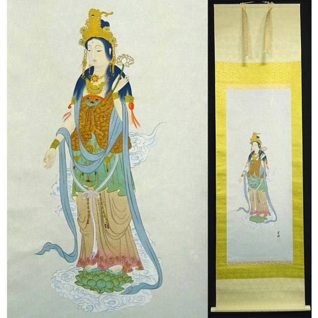 掛軸 星観『雲上観音』仏画 絹本 肉筆 共箱付 掛け軸 a12198の通販 by