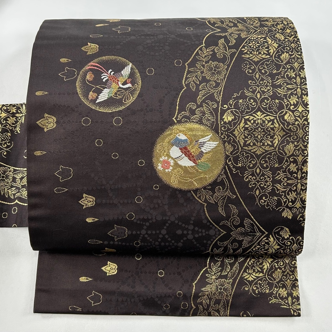 美品 名古屋帯 秀品 正絹 名古屋帯 秀品 紬地 色紙 草花 刺繍