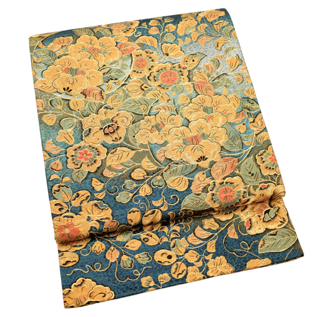 すごい値！袋帯 京都 西陣 正絹 青 銀 金 花苑辻が花文 辻が花 椿 金糸