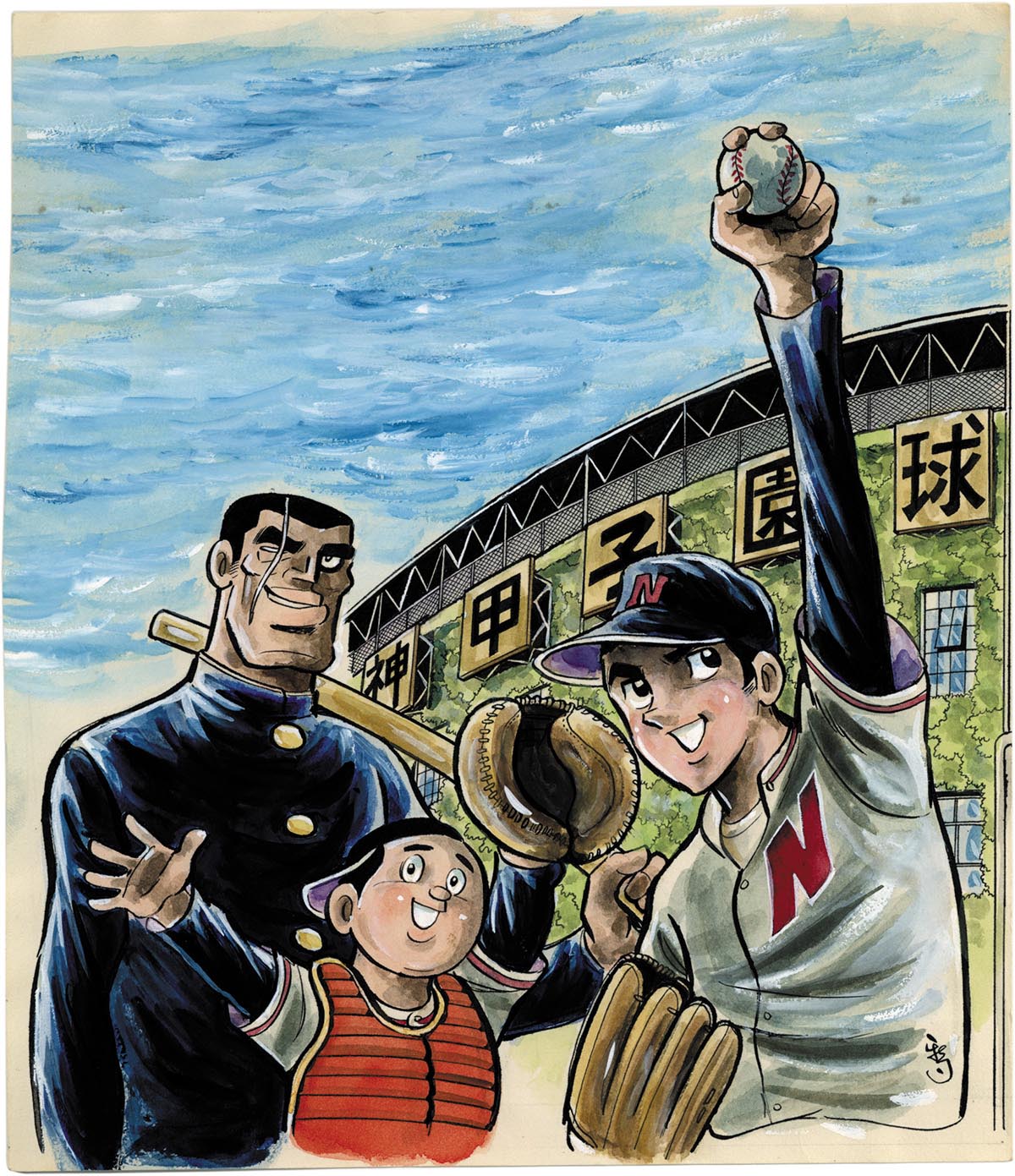 3078］ 水島新司 直筆カラー原稿「男どアホウ甲子園」