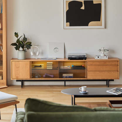 Woody Prime Cherry ガラス扉付き木製テレビキャビネット | 耐久性と美