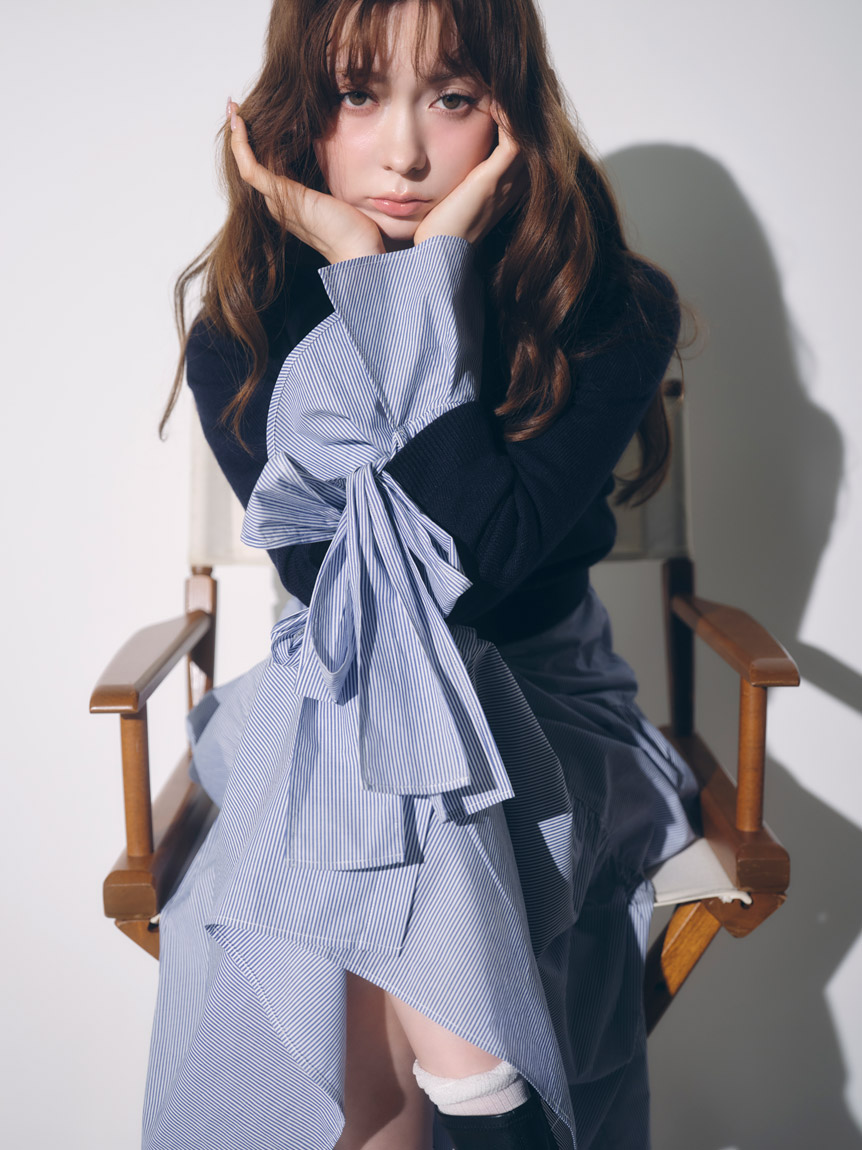 ニットセットブローチ付きロングシャツワンピース(マキシ・ロング