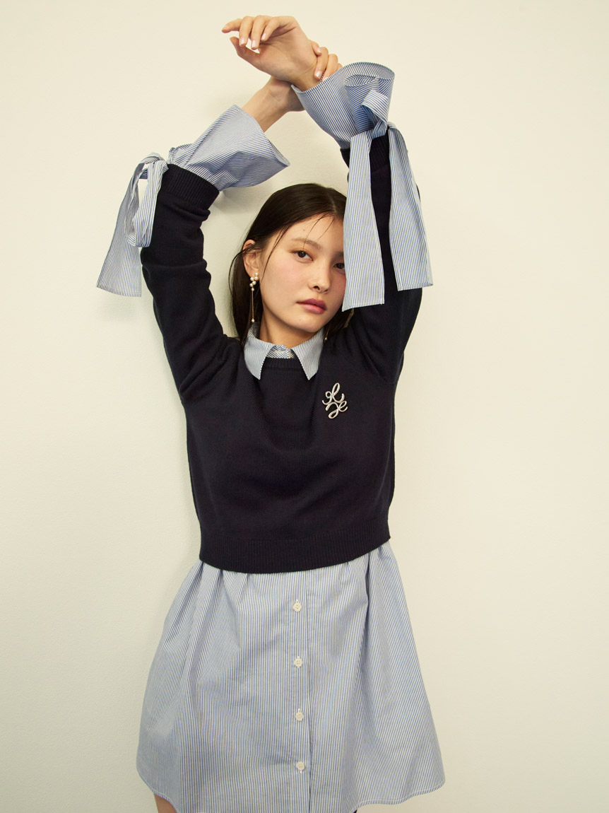 ニットセットブローチ付きミニシャツワンピース(ミニワンピース