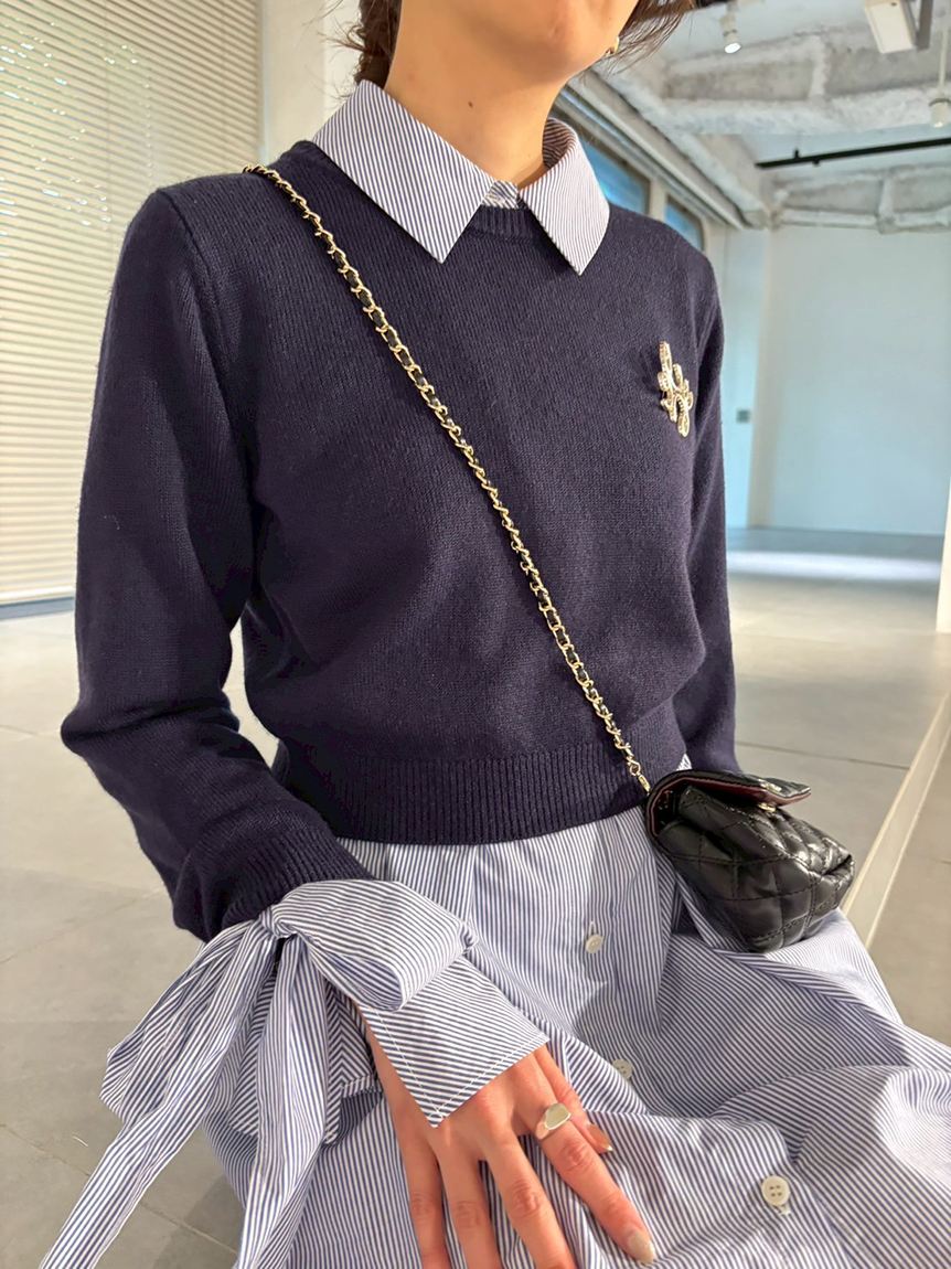 ニットセットブローチ付きミニシャツワンピース(ミニワンピース