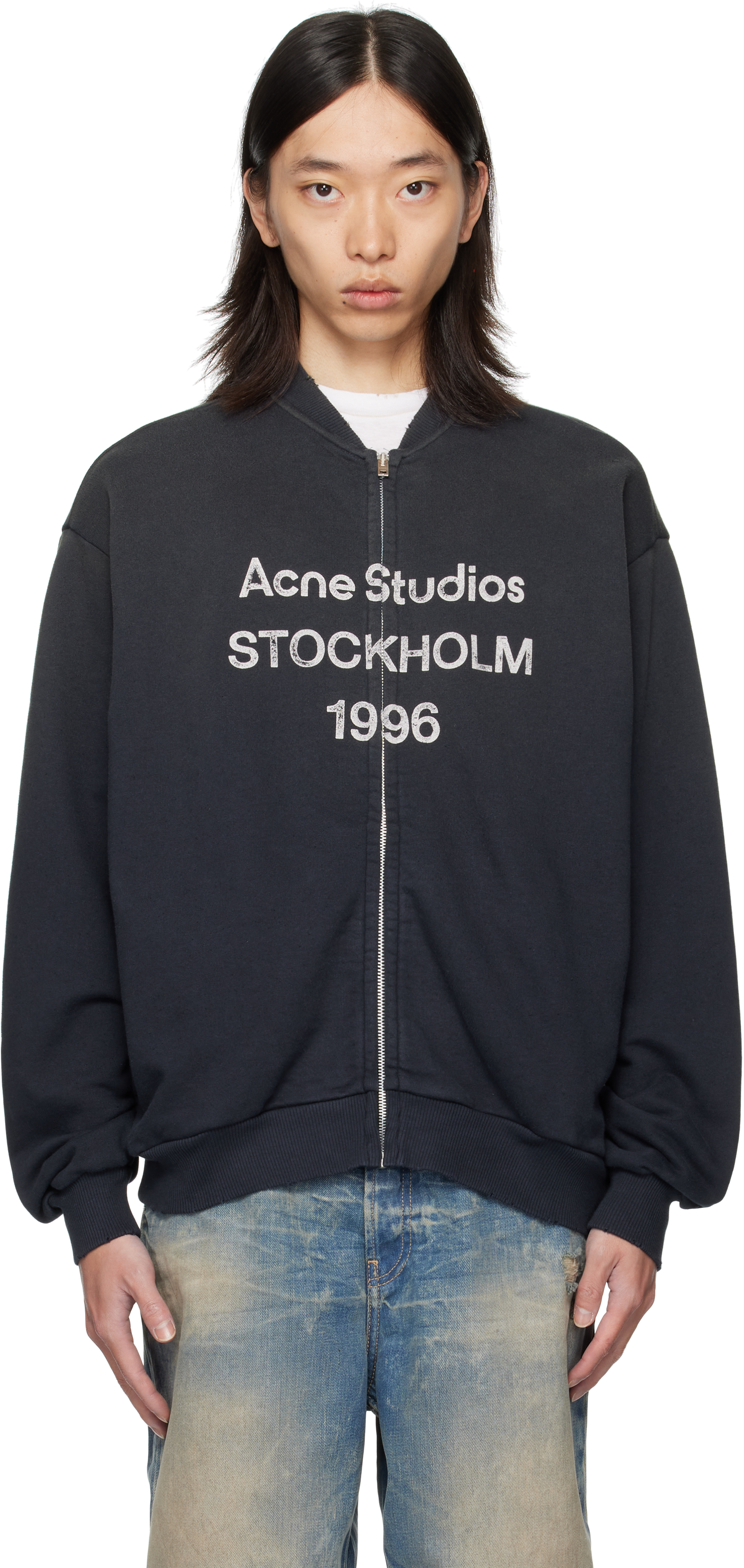 Acne Studios: Black Zip Logo Sweatshirt | SSENSE