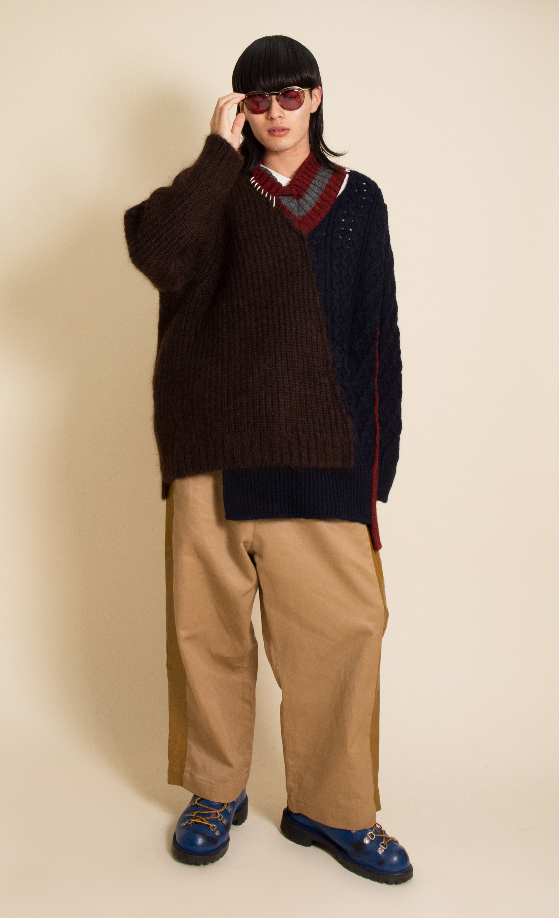 カラーkolor クレイジーパターンローゲージニット 紺茶3 (K-134973)