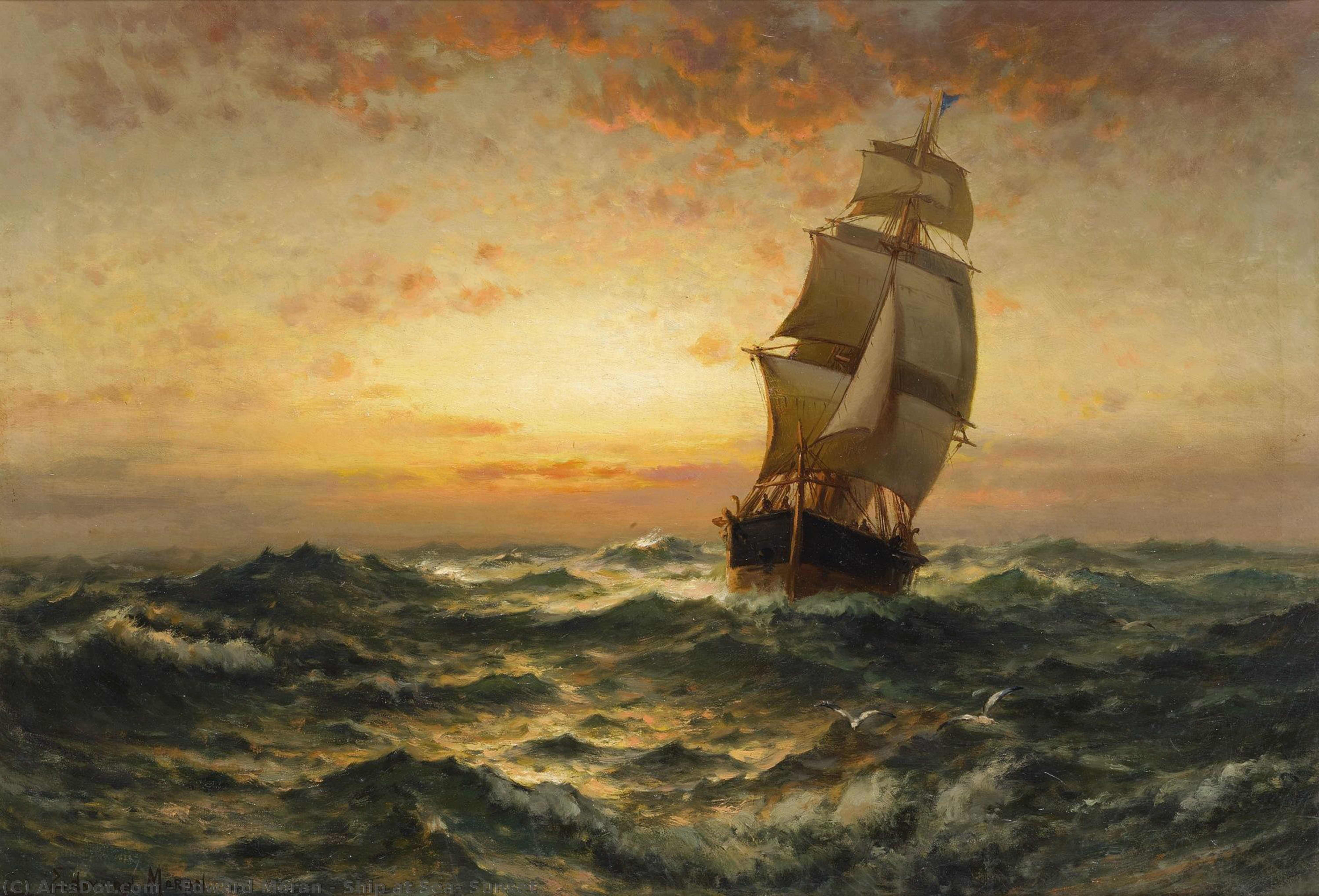 海、夕日の船。 - Edward Moran | WikiOO.org - 百科事典