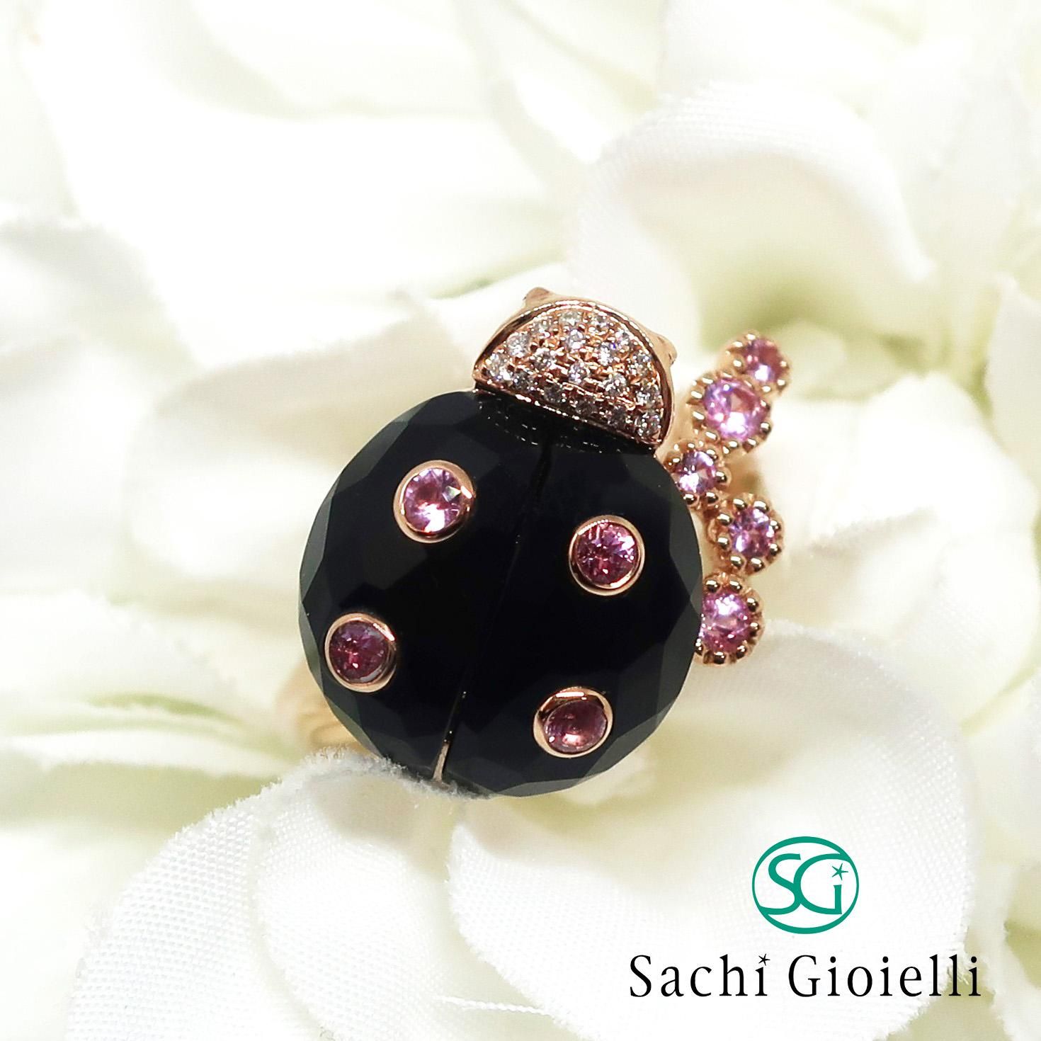 てんとう虫モチーフのオニキスとピンクサファイアのリング K18PG