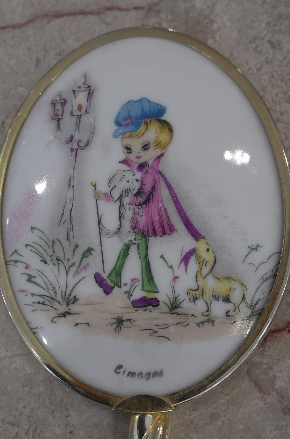 フランスヴィンテージ雑貨】Limoges 手鏡ミラー 女の子と子犬達