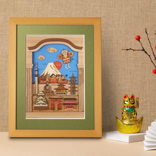 木はり絵アート「日本」 （額縁入り完成品）- 木製切り絵アート・木は