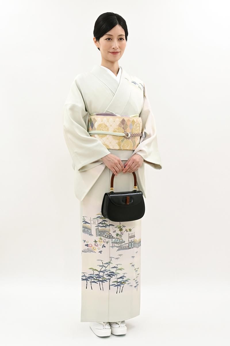 銀座【B-4224】二代目 上野為二作 訪問着 淡い白緑色 風景文（落款入