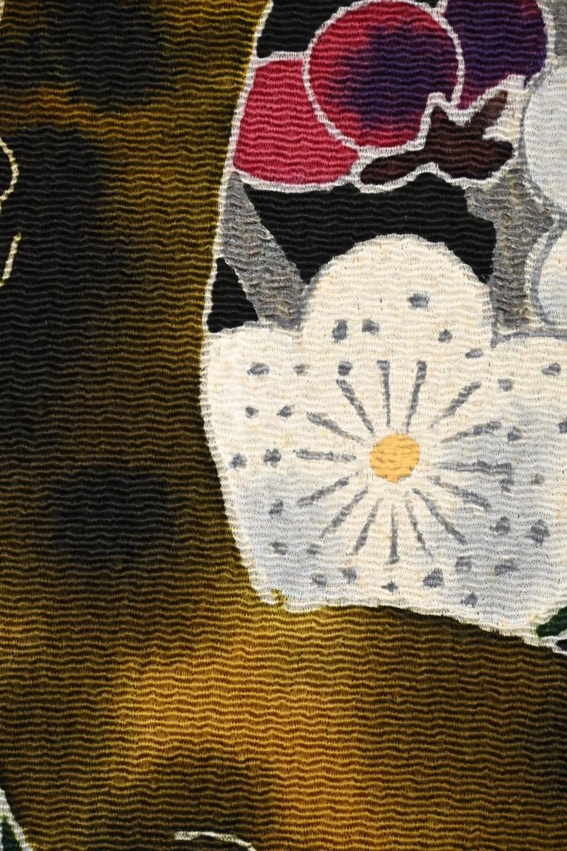 銀座【帯5873】浦野理一作 縮緬地 二部式 染名古屋帯 黒色 松竹梅の図