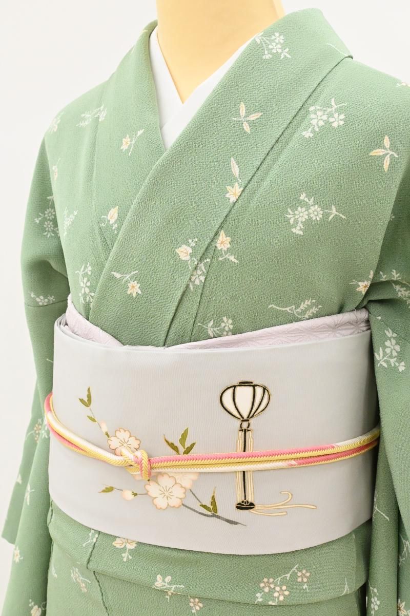 銀座【H-0952】塩瀬地 染名古屋帯 小町鼠色 立ち雛の図 - 銀座きもの