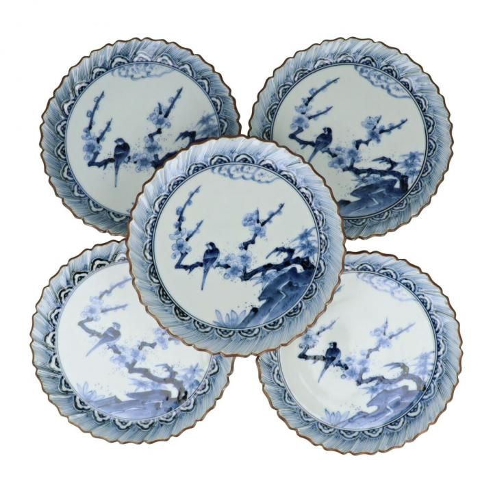 取皿揃 藍九谷梅鳥図 | 5枚セット / 山本長左 | 九谷焼専門店の陶らいふ