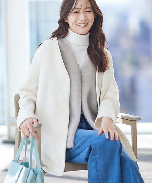 秋／軽羽織り】ノーカラーミドル丈ライトコート（2002541667